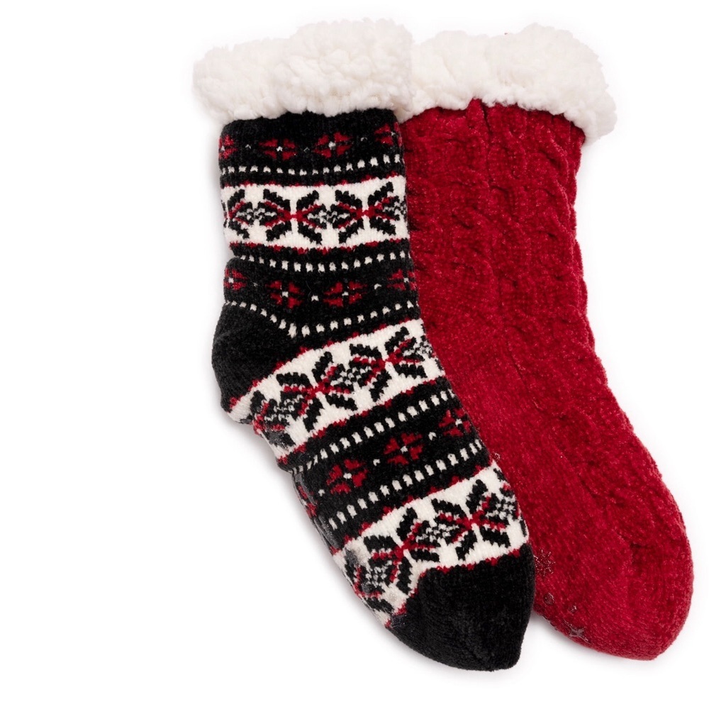 2pack Muk Luk chenille faux fur lined textured non slip mid-calf height socks